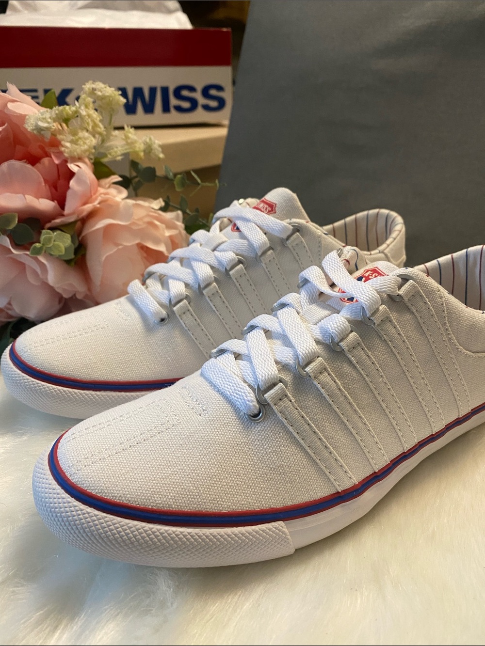 K-Swiss White Canvas Sneakers with Red & Blue Accents